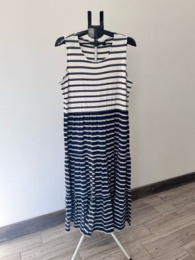 Lands' End Navy & White Striped Sleeveless Tiered Maxi Dress, Size Large Petite